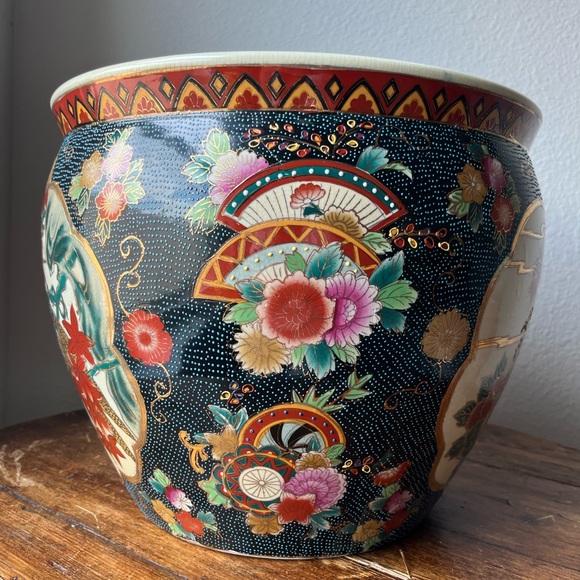 Vintage Chinoiserie Large Porcelain Koi Fish Planter Bowl Cachepot - Picture 7 of 12